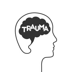 Psychological trauma concept with brain and head silhouette. The word trauma lingering inside a human mind, thus the traumatic event or experience shaping the face outline of the person.