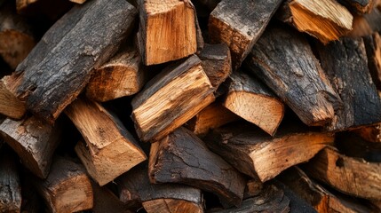Close-up of a stack of firewood, showing various textures and colors of wood.