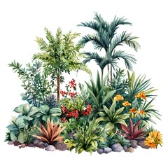 Fototapeta premium Vibrant Tropical Garden Scene with Lush Greenery, Colorful Flowers, Vibrant Foliage, and Exotic Plants Perfect for Nature-Themed Projects