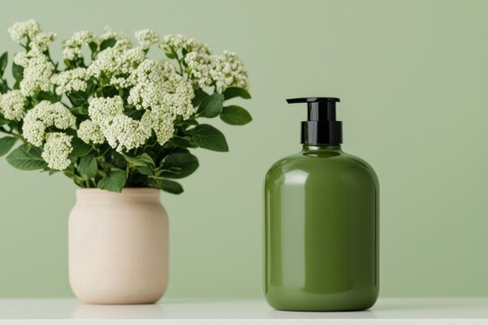 Green wellness cosmetic dispenser bottle inspiring self-care and wellbeing