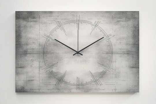3d depiction of minimalist clock with frameless design featuring bold hands against muted concrete background