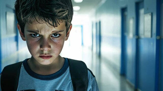 Lonely boy with backpack in school hallway. Students walk background. Solitude concept. Sad alone schoolboy stand college corridor. School bullying. Classmates conflict. Stress. Loser with bad grades.