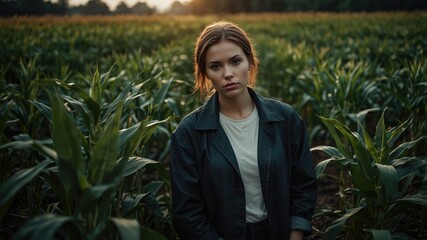 Portrait of a young woman in a serene cornfield at sunset, wearing a casual jacket and t-shirt, with a thoughtful look