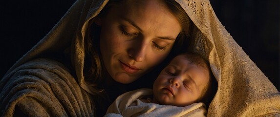 Mother's Love: Tenderness and devotion radiate from a mother's face as she cradles her sleeping newborn, illuminated by a warm, ethereal glow. The image evokes a sense of peace, comfort.