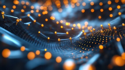Obraz premium Abstract representation of glowing particles interconnected with a web-like structure in a futuristic digital environment
