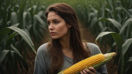 Portrait of a young woman in a serene cornfield at sunset, wearing a casual jacket and t-shirt, with a thoughtful look