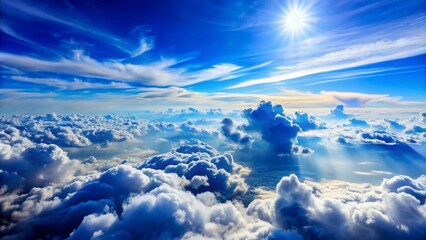 Clear blue sky with clouds and shining sun above