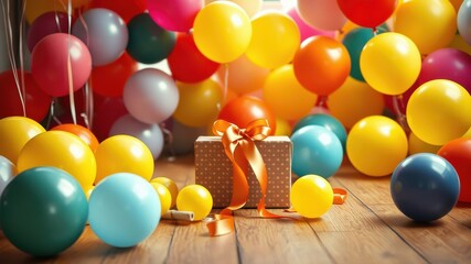 A gift box with an orange ribbon sits amidst a colorful array of balloons scattered on a wooden floor.
