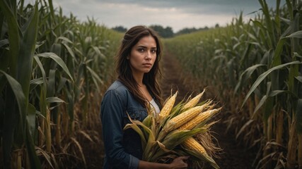 Portrait of a young woman in a serene cornfield at sunset, wearing a casual jacket and t-shirt, with a thoughtful look
