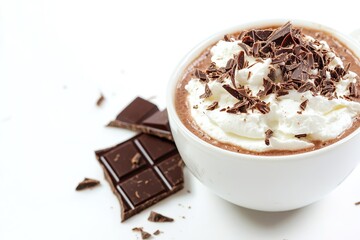 Hot chocolate with whipped cream and chocolate shavings.