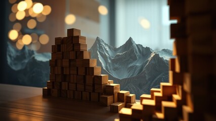 Wooden Blocks Forming a Staircase Against a Mountain View