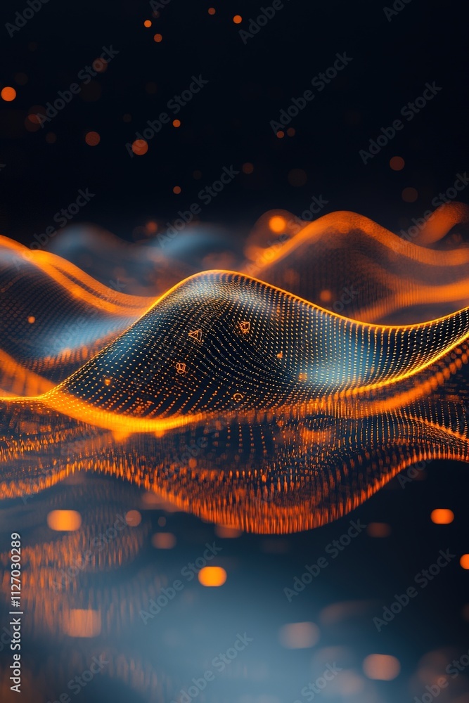 Poster clean abstract wave of glowing analytics symbols flowing dynamically over smooth reflective surface