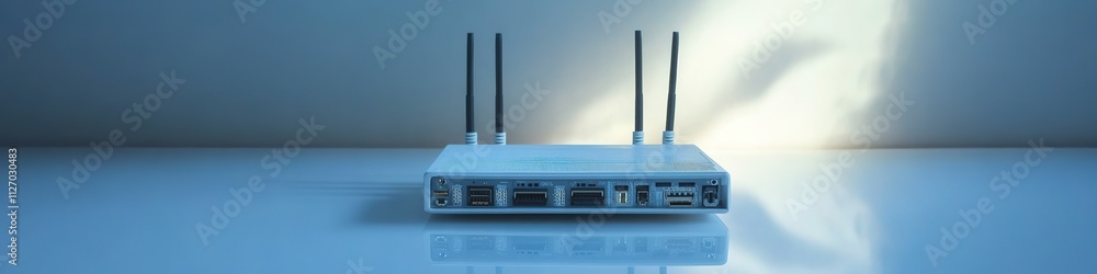 Poster clean flat lay of network router and connectors displayed on reflective white surface under soft dir