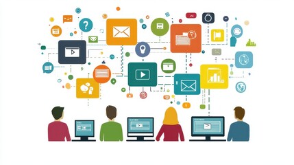 People Engaging with Computer Screens in a Digital Environment, Showcasing Communication and Data Flow Through Colorful Icons and Graphics