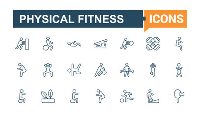 Physical Health icons set in line style. Related to gym, running, water, strength, exercise, fitness and more. Pixel perfect. Vector outline icons collection.