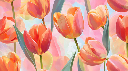 A painting of a bunch of orange tulips