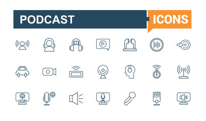 Podcast Series icon pack. Related to social, phone, talk, media, ui, head, mic and more. Collection for mobile and web apps. Editable vector icon and illustration.
