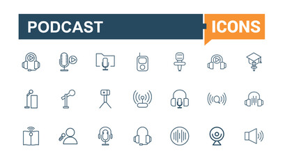 Podcast Series icon pack. Related to social, phone, talk, media, ui, head, mic and more. Collection for mobile and web apps. Editable vector icon and illustration.