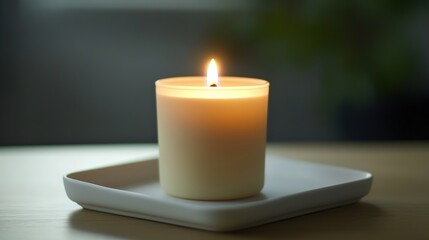 clean single wax candle glowing softly on white ceramic tray under diffused lighting