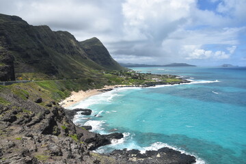The turquoise blue ocean and beautiful paradise beaches and landscapes of Oahu island, Hawaii