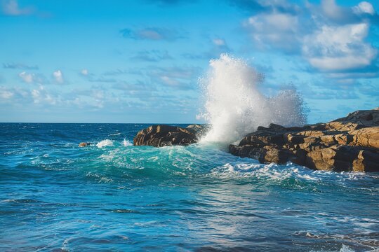 A vibrant seascape with a clear blue sky dotted with fluffy white clouds