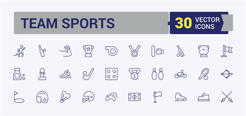 Team Sports line icons set. Includes thin line timer, line, shoes, soccer ball, medical, medal, play and more. Outline symbol collection. Editable vector illustration.