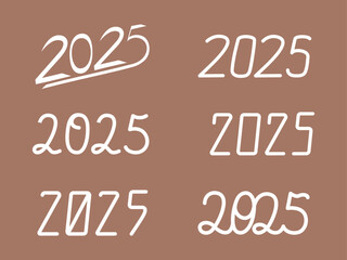 Hand drawn collection of «2025» lettering numbers in a variety of creative styles on Pantone Mocha Mousse color background. Ideal for New Year greetings, holiday design and seasonal branding.