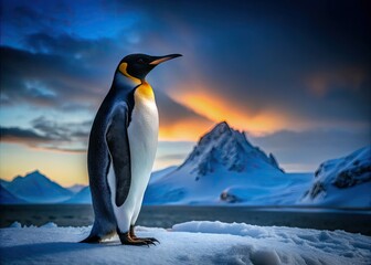 Fototapeta premium King Penguin Polar Regions Low Light Photography: Majestic Antarctic Wildlife Night Scene
