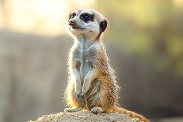 close-up shot of playful meerkat standing upright on mound scanning its surroundings with curiosity