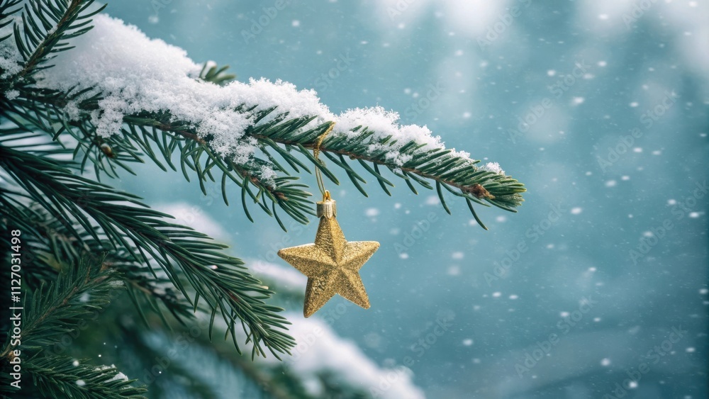 Poster a single golden star ornament hangs from a snow-dusted evergreen branch against a backdrop of fallin