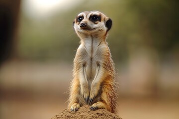 close-up shot of playful meerkat standing upright on mound scanning its surroundings with curiosity