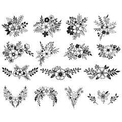 Set of floral elements. Romantic flower collection with flowers, twigs, leaves, herbs, and berries.