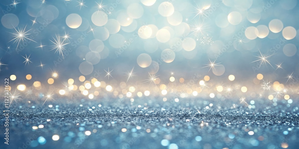 Poster A shimmering blue background with sparkling lights and soft bokeh, creating an ethereal and festive atmosphere.