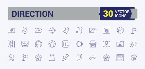 Direction icon collection. Includes thin line earth, star, navigation, placeholder, geography, local, tracing, marker. Modern thin icons. Vector illustration in modern line style.