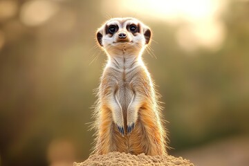 Fototapeta premium close-up shot of playful meerkat standing upright on mound scanning its surroundings with curiosity