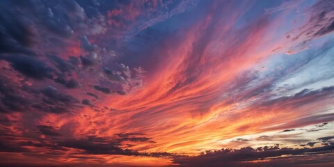 Obraz premium A dramatic sunset sky with vibrant orange, pink, and purple clouds, creating a captivating display of nature's artistry.