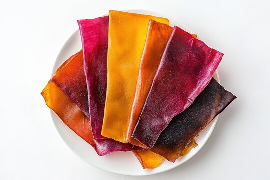 Georgian tklapi fruit leather arranged on a clean white plate, vibrant colors and rustic appearance.
