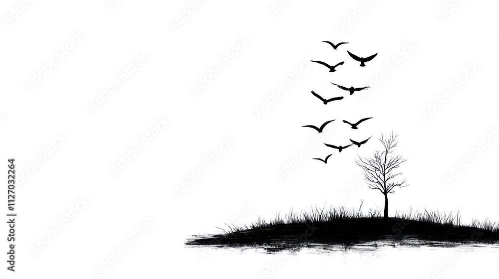 Poster minimalist landscape with bare tree silhouette and flock of birds in flight on white background crea