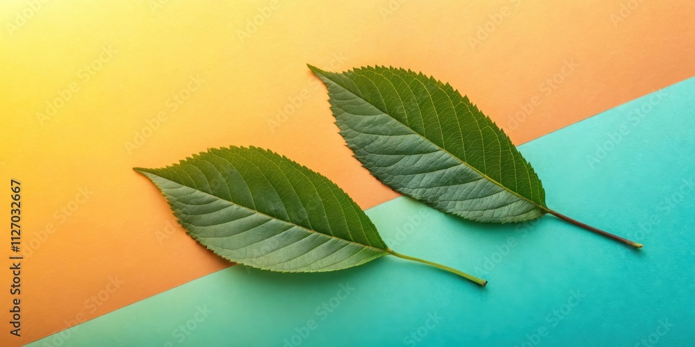 Poster two vibrant green leaves on a colorful background, showcasing a natural design element with contrast