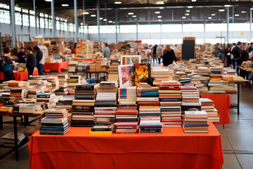 Books and magazines at a fair display the significance of reading and education for all ages.