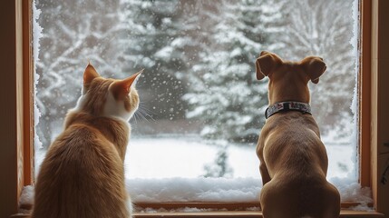 Fototapeta na wymiar Cat and dog enjoy a snowy view through the window while sitting side by side at home