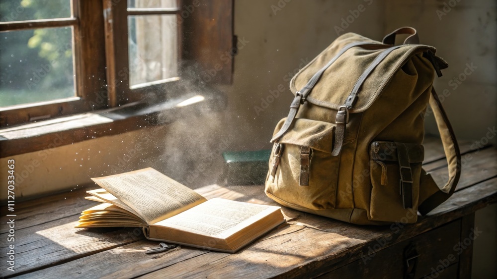 Poster a dusty book and a canvas backpack sit on a wooden table in the warm light of a window