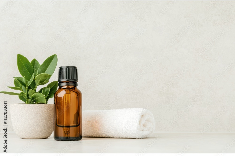 Poster Essential oils creating a relaxing wellness atmosphere on neutral backdrop