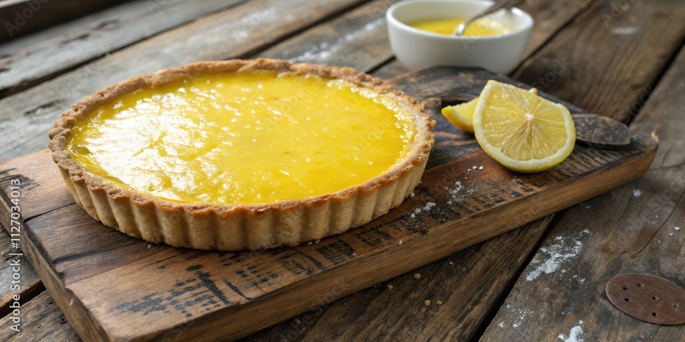 Aufkleber a rustic wooden cutting board holds a golden lemon tart with freshly cut lemon slices and a small bo