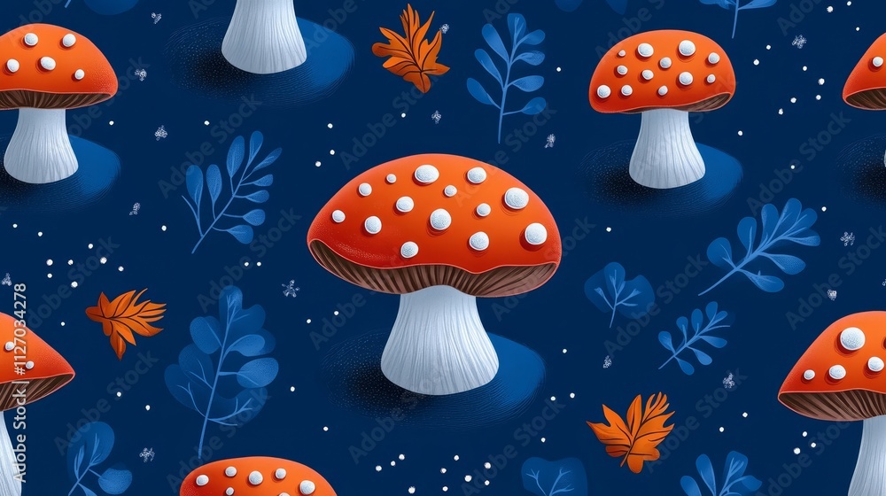 Poster calming blue backdrop with an intricate pattern of mushrooms and leaves