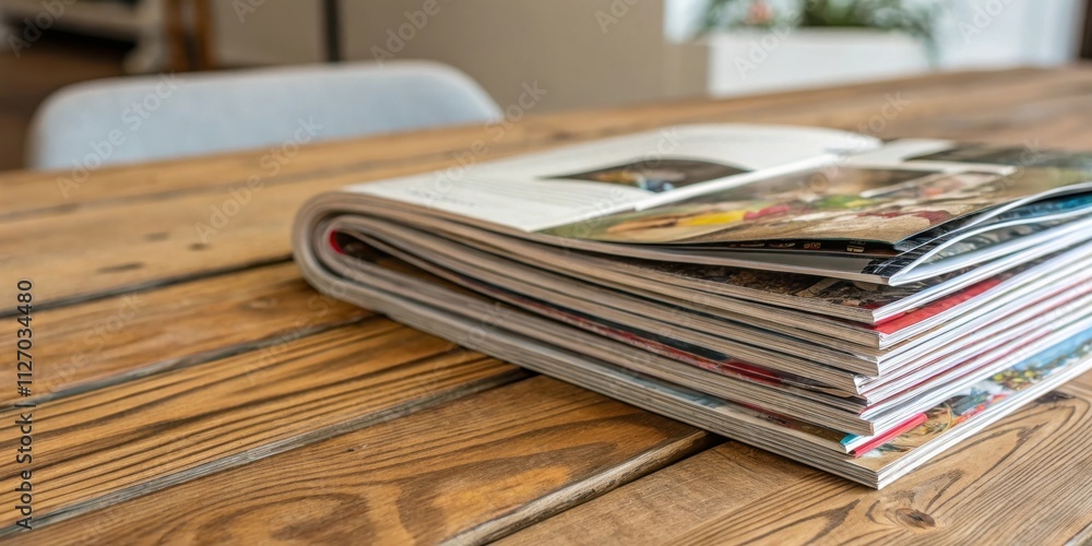 Poster a stack of magazines sits neatly on a wooden table, ready to be devoured by a curious reader.