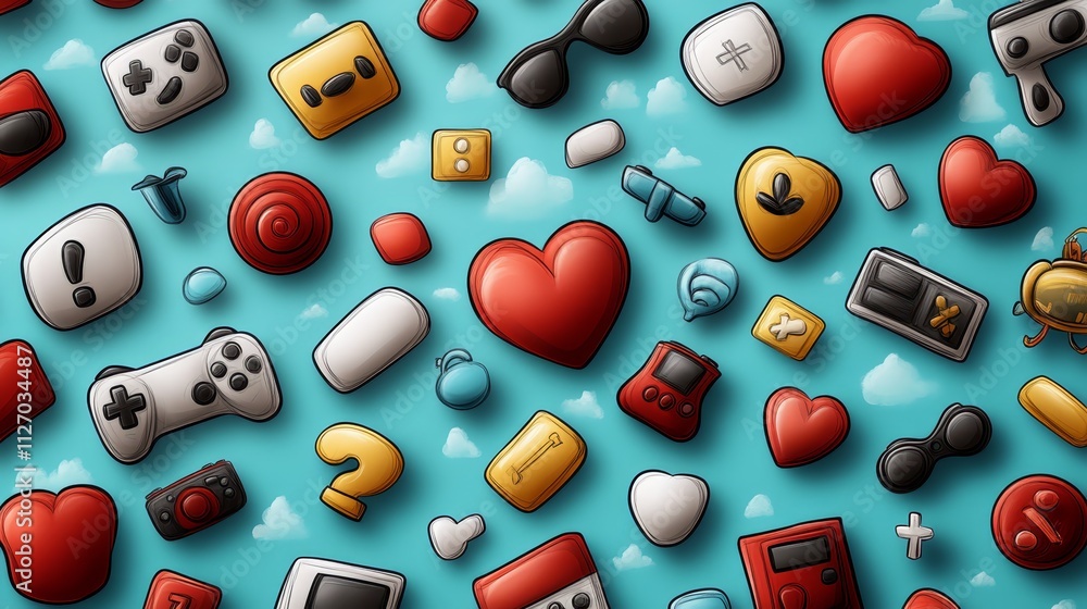 Poster abstract arrangement of colorful objects on a vibrant blue backdrop