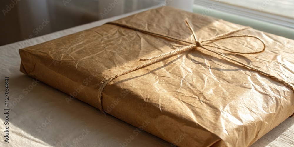 Poster a simple brown package wrapped in kraft paper and tied with twine, a rustic and minimalist gift
