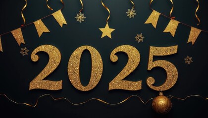 Festive 2025 display with golden numbers, ribbons, and decorative elements for New Year celebration.