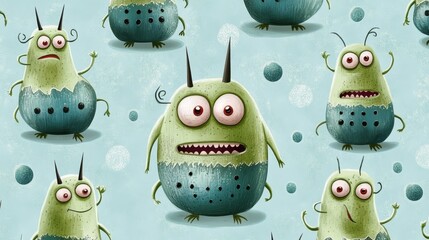Whimsical green monster pattern, a playful design with smaller monsters 